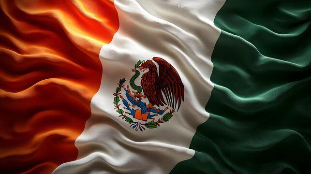 A waving flag of Mexico showcasing its colors and emblem.