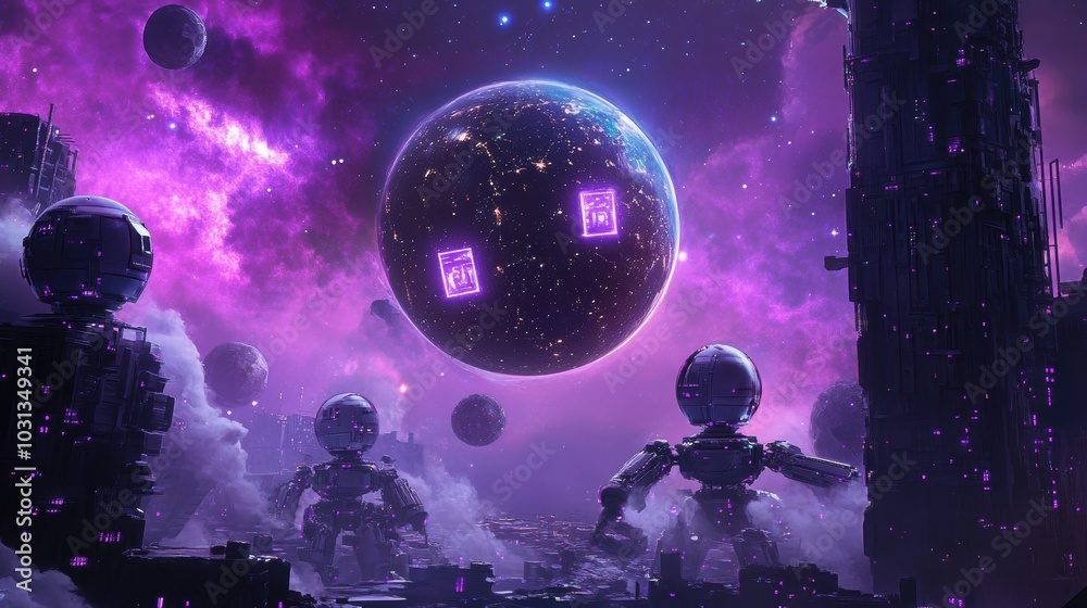 Fototapete a space scene with a large purple planet and several small robots