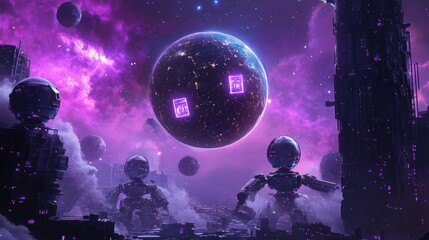 A space scene with a large purple planet and several small robots