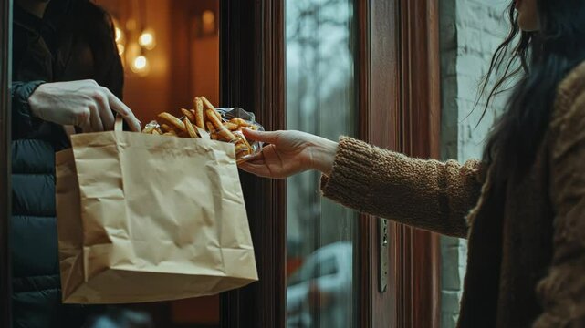 Food Delivery Hand-Off Between Two People Outdoors