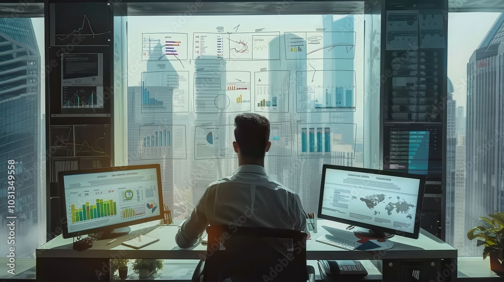 Leinwandbilder An office worker displaying creativity and focus while analyzing data in a modern high-rise office with city views