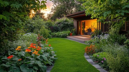 A beautiful garden with a house in the background