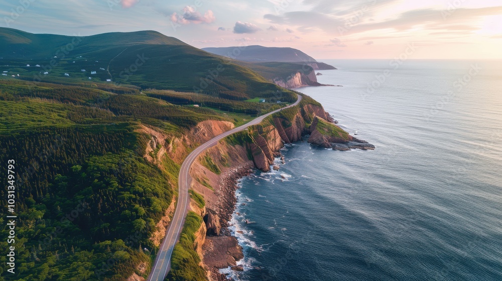 Poster a beautiful view of a road that runs along the coast of a large body of water. the road is surrounde