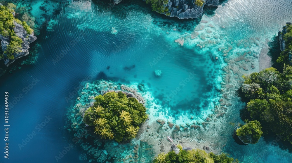 Poster a beautiful blue ocean with a small island in the middle. the island is surrounded by trees and the 