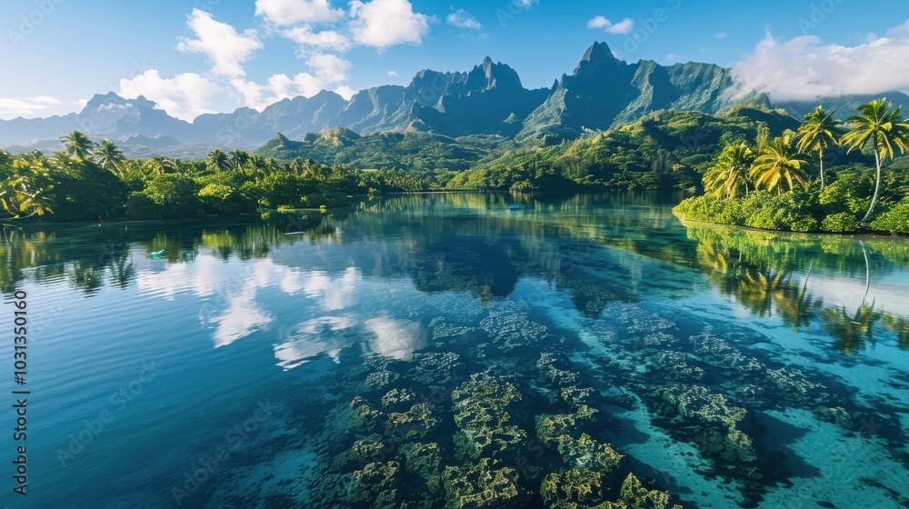 Aufkleber a beautiful blue ocean with a mountain range in the background. the water is calm and clear, and the