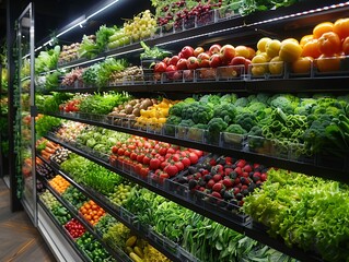 Obraz premium A vibrant display of fresh fruits and vegetables in a grocery store.