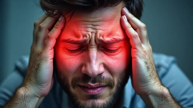 Close-up of an individual experiencing severe migraine pain, with added digital effects like blurred vision or light sensitivity to represent common symptoms.