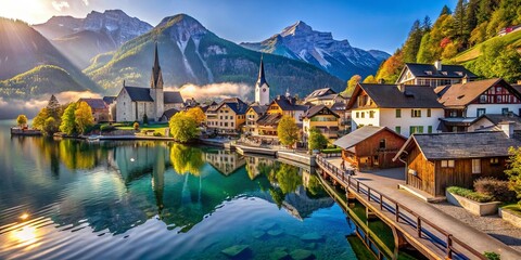 Obraz premium A picturesque village nestled amongst towering mountains, its quaint buildings reflected in the tranquil waters of the lake, the sun casting a golden glow on the idyllic scene.