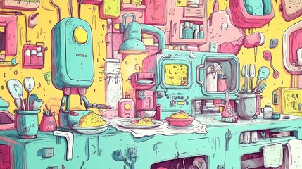 A cartoonish kitchen with a blue counter and a yellow wall