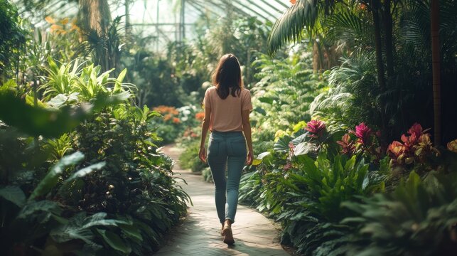 A woman walks through a lush green garden. The garden is filled with a variety of plants and flowers, creating a serene and peaceful atmosphere. The woman is enjoying her time in the garden