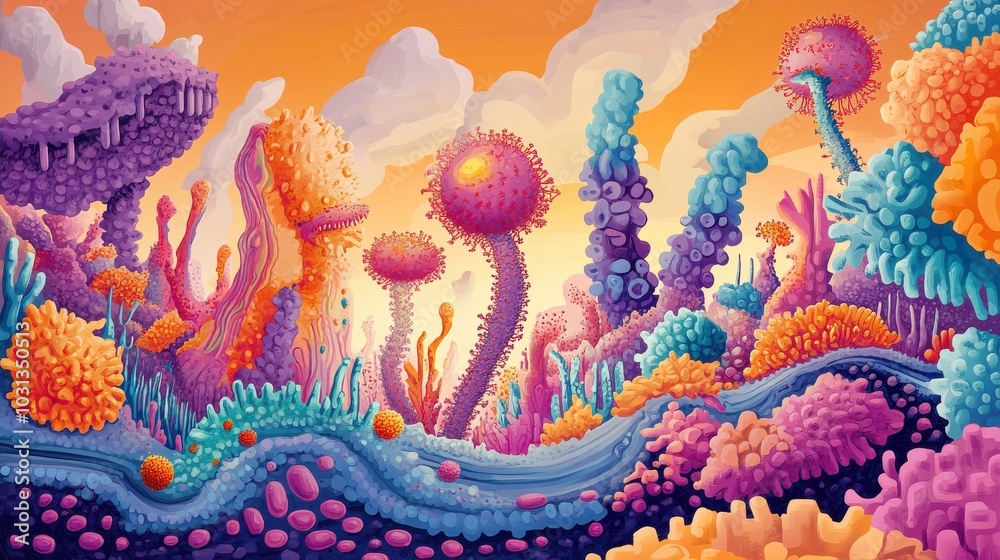 Poster a colorful painting of a forest with many different colored plants and trees