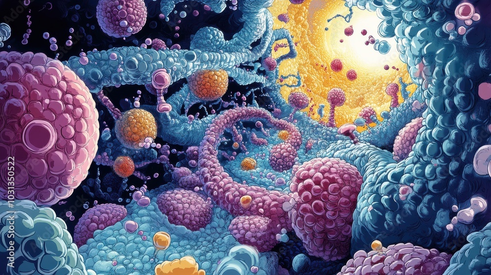 Poster a colorful, abstract painting of a cell with many different colored spheres