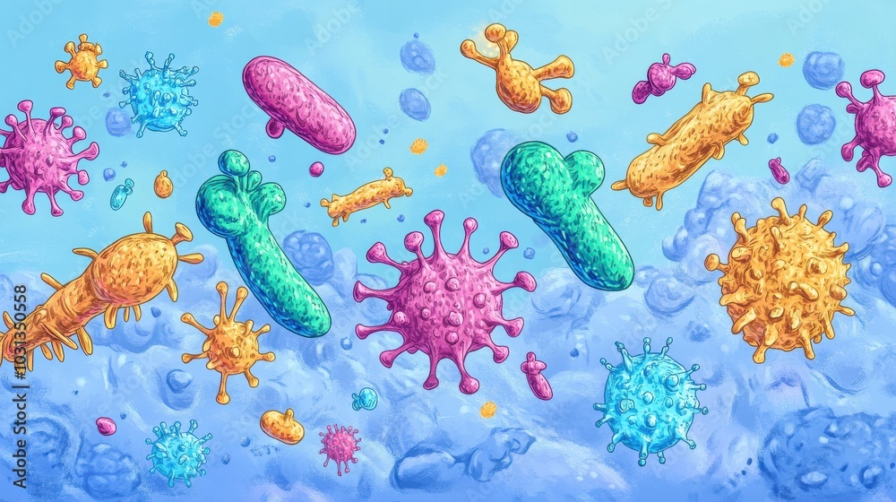 Poster A colorful drawing of various germs and viruses floating in the air