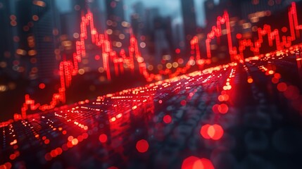Obraz premium Abstract visualization of financial data with glowing red lines and cityscape background.