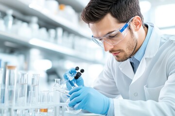 A focused male scientist conducts experiments in a laboratory, using test tubes and lab equipment to analyze chemical reactions.