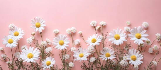 Fototapeta premium Beautiful Arrangement of White Daisies and Baby's Breath Flowers on a Soft Pink Background for Floral and Nature-Themed Designs