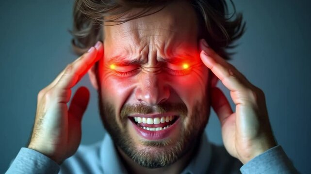 Close-up of an individual experiencing severe migraine pain, with added digital effects like blurred vision or light sensitivity to represent common symptoms.
