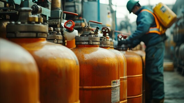 The image depicts a worker in a protective suit handling gas cylinders in an industrial setting, emphasizing safety and operational procedures.