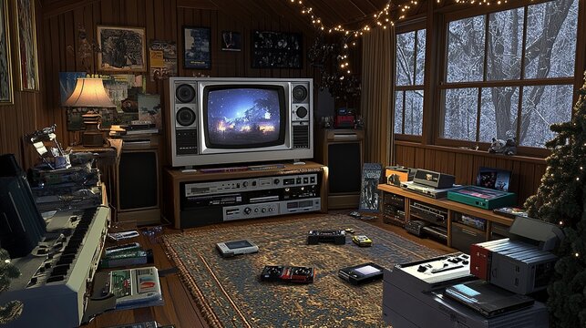 A Cozy Living Room with a Vintage CRT Television Playing a Classic VHS Movie, Surrounded by Retro Game Consoles like NES and Sega Genesis, Alongside Cassette Tapes and an Old Film Camera