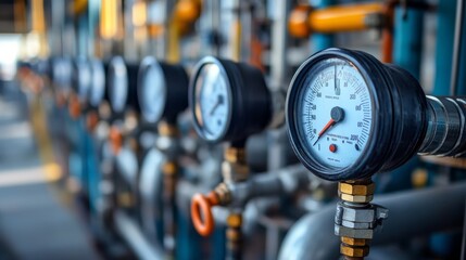 A close-up of industrial pressure gauges mounted on pipes, showcasing the measurement of pressure in a manufacturing environment.