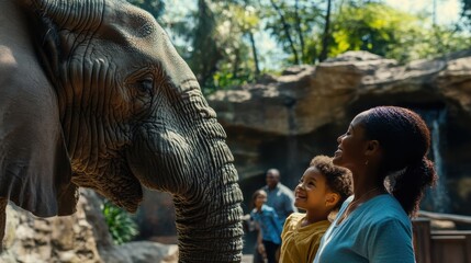 Fototapeta premium A woman and two children are looking at an elephant at a zoo. The elephant is looking at them with its trunk raised. Scene is joyful and playful