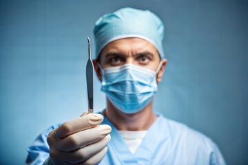 Surgeon in scrubs and mask holding scalpel ready for surgery