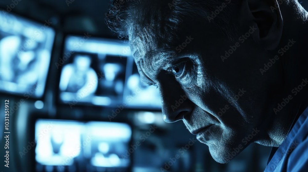 Aufkleber a man is looking at a computer screen with multiple monitors. the monitors are all blue and the man'