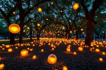 A glowing enchanted forest, with floating orbs of light illuminating the trees