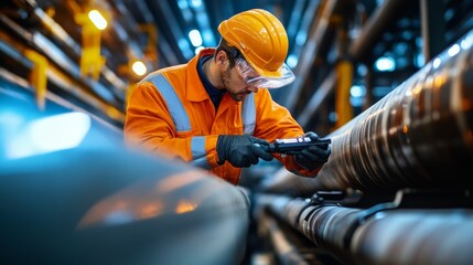 A worker in an orange safety suit and helmet inspects pipes in an industrial setting, using tools for maintenance.