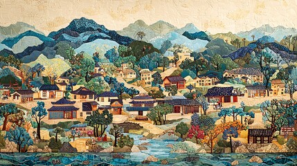 Obraz premium Asian Village Landscape Mosaic Artwork