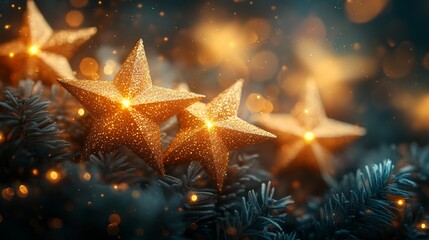 Glimmering golden stars on a festive Christmas tree