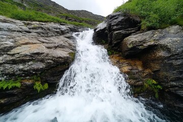 A rushing waterfall tumbling down rocky cliffs, surrounded by moss and ferns