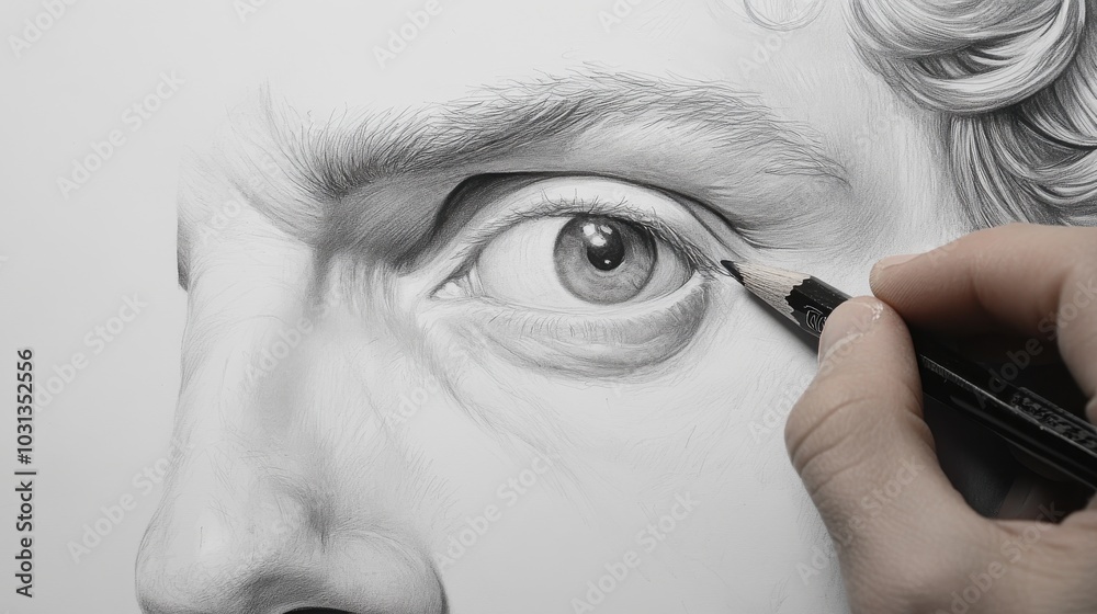 Aufkleber close-up of an artist sketching divine proportions of a facial expression with pencil shading in sof