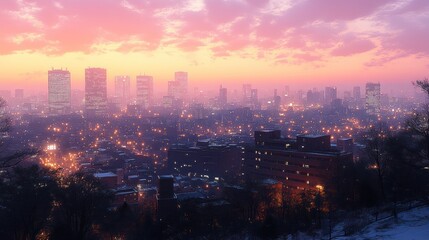 Obraz premium A city skyline at sunset, with lights twinkling in the dusk.