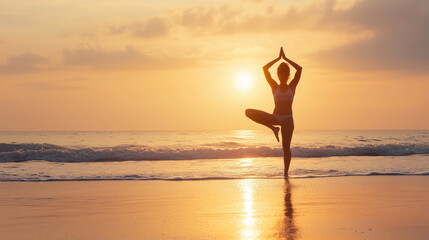 A serene image of a woman in a yoga pose, silhouetted against the backdrop of the setting sun on a peaceful beach. v3