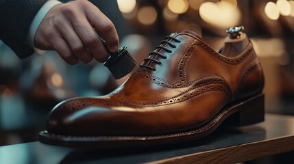A shoe seller expertly polishing a formal leather shoe in a bustling market, showcasing the shine and detailing of craftsmanship