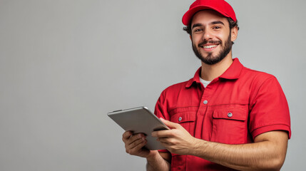 Smiling courier in uniform holding digital tablet for efficient deliveries