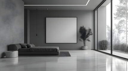 Fototapeta premium Modern minimalist bedroom with large windows and a blank canvas.
