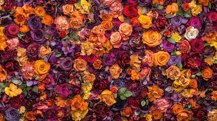 A vibrant wall of colorful roses in shades of red, orange, purple, and yellow.
