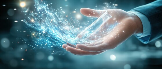 Fototapeta premium A glowing hand releases sparkling water droplets, symbolizing creativity and innovation in a magical environment.