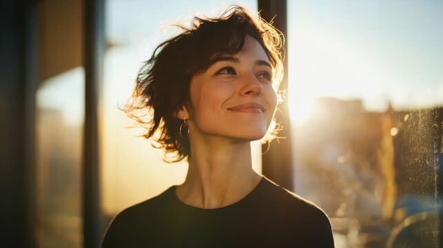 Client walking out of therapy session with a hopeful smile as sunlight streams through the office windows