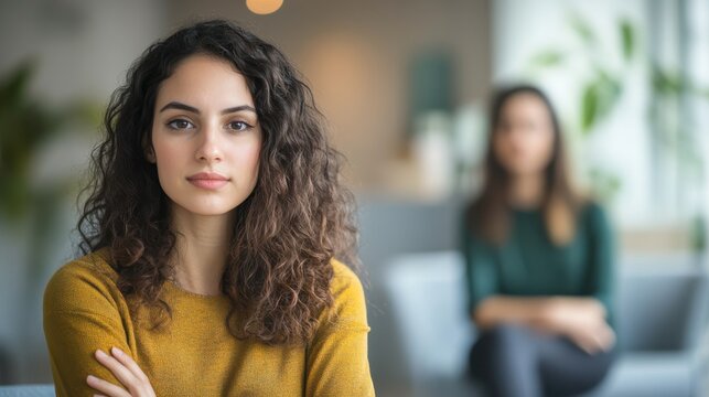 Client in a professional therapy session appears defensive while therapist encourages open communication in a comforting office environment