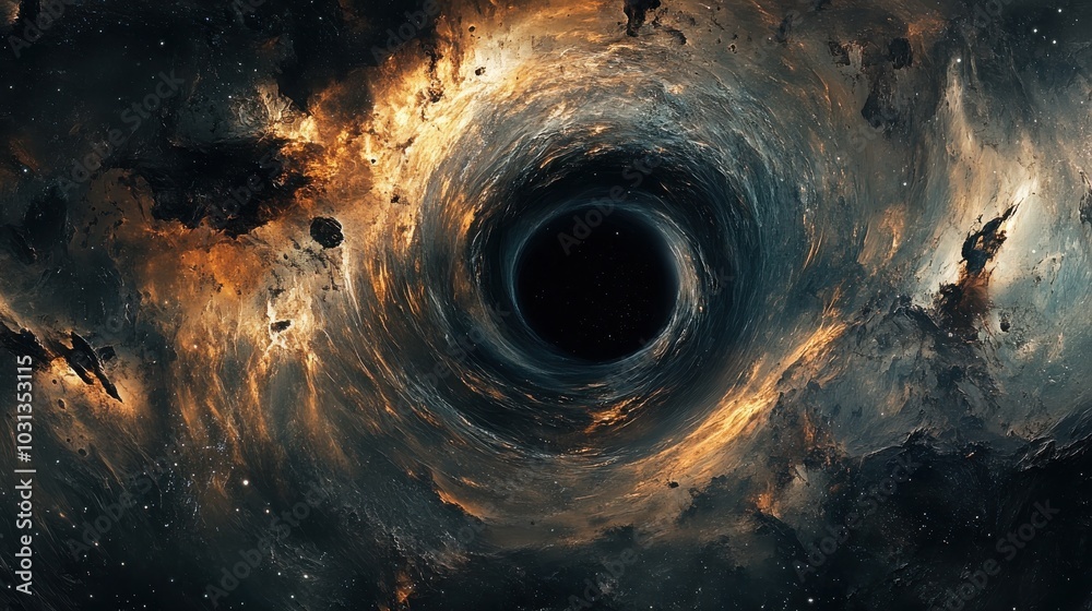 Poster a colossal black hole consuming surrounding matter in deep space with swirling cosmic debris and col