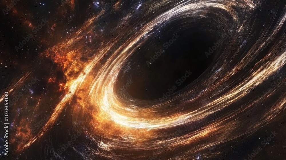 Poster a supermassive black hole distorting time and space in a distant galaxy's vibrant heart