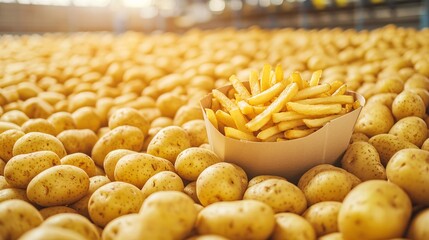 Freshly harvested potatoes surrounded by golden french fries in a vibrant industrial setting