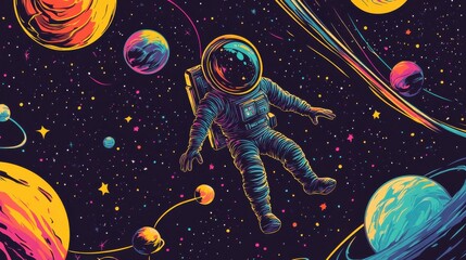 Fototapeta premium An imaginative hand-drawn AI prototype exploring colorful planets and stars with astronauts in a vibrant cosmic adventure