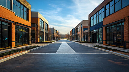Modern commercial street with shops and clear blue sky.