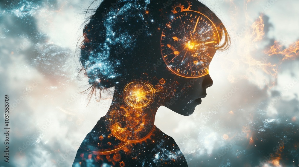 Poster a child with the power to manipulate time, their silhouette filled with clock gears and swirling gal