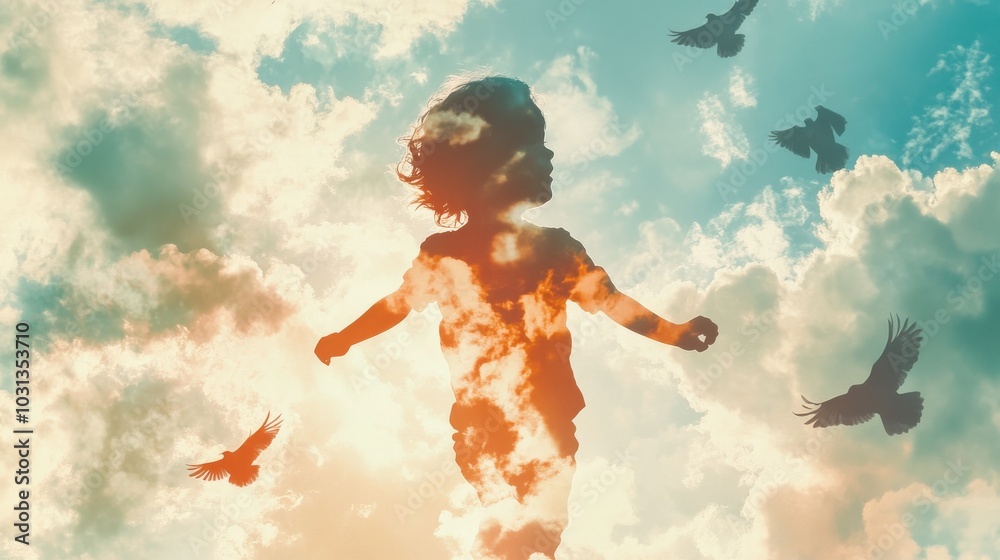 Poster a child soars joyfully above the clouds in a vivid double exposure, surrounded by whimsical birds an