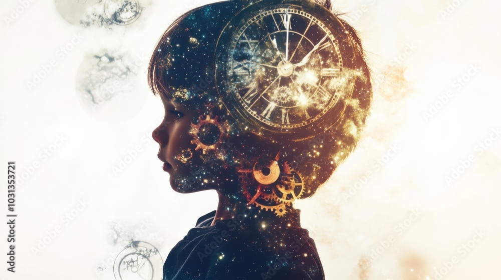 Poster A child explores their unique ability to manipulate time while surrounded by clock gears and swirling galaxies